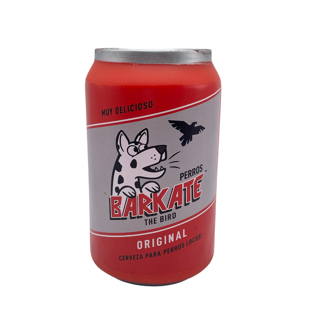 Front of the Barkate Squeak Toy, the toy is shaped like a can and is red with a silver banner. It has a photo of a dog barking at a bird.