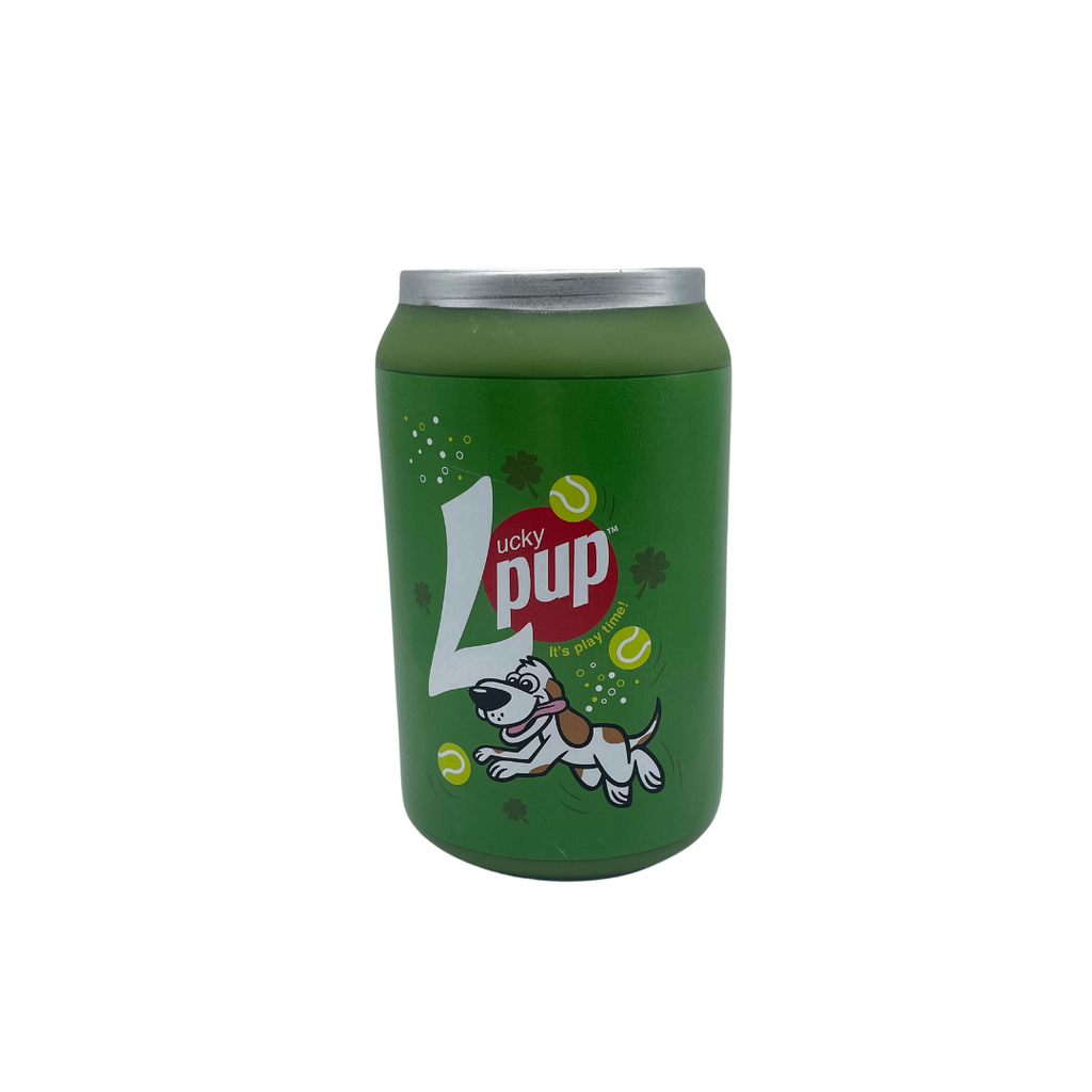 Front of Lucky Pup Squeaker, shaped like a can. It has a picture of a dog leaping after tennis balls. The can is green.