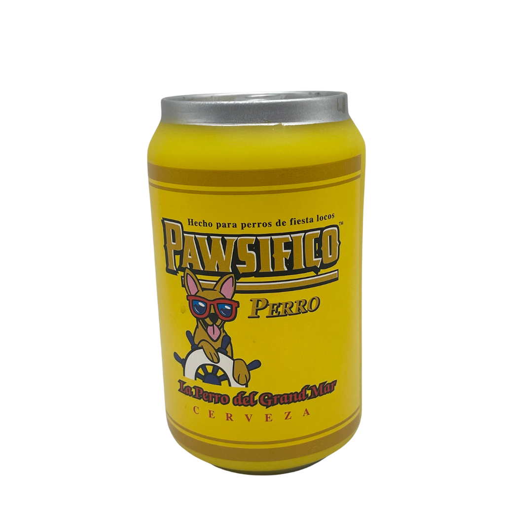 Front of Pawsifico Squeak toy. The toy is shaped like a can and is yellow. It has a picture of a dog holding a ships helm.