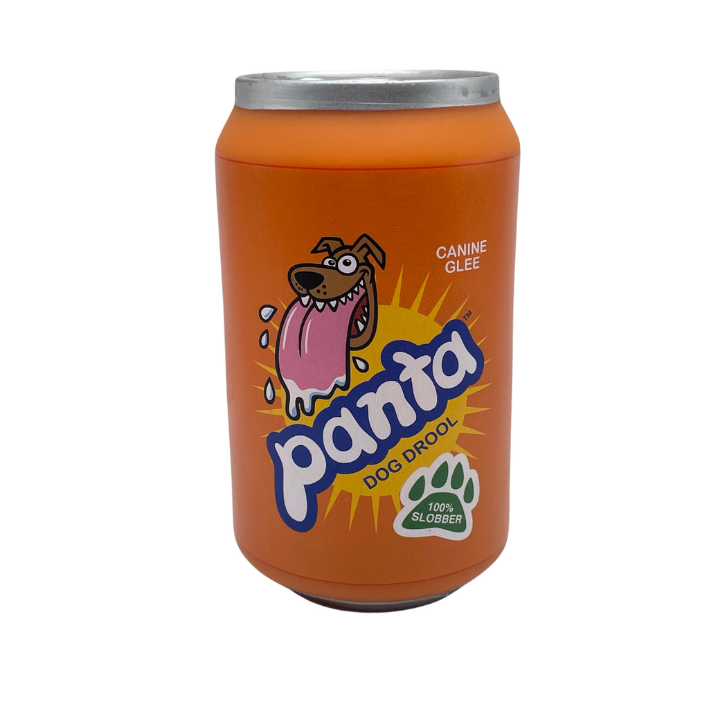 The front of the panta squeak toy. The toy is shaped like a can and is orange. It has a picture of a panting dog by the logo and a pawprint on the bottom with the words "100% slobber"